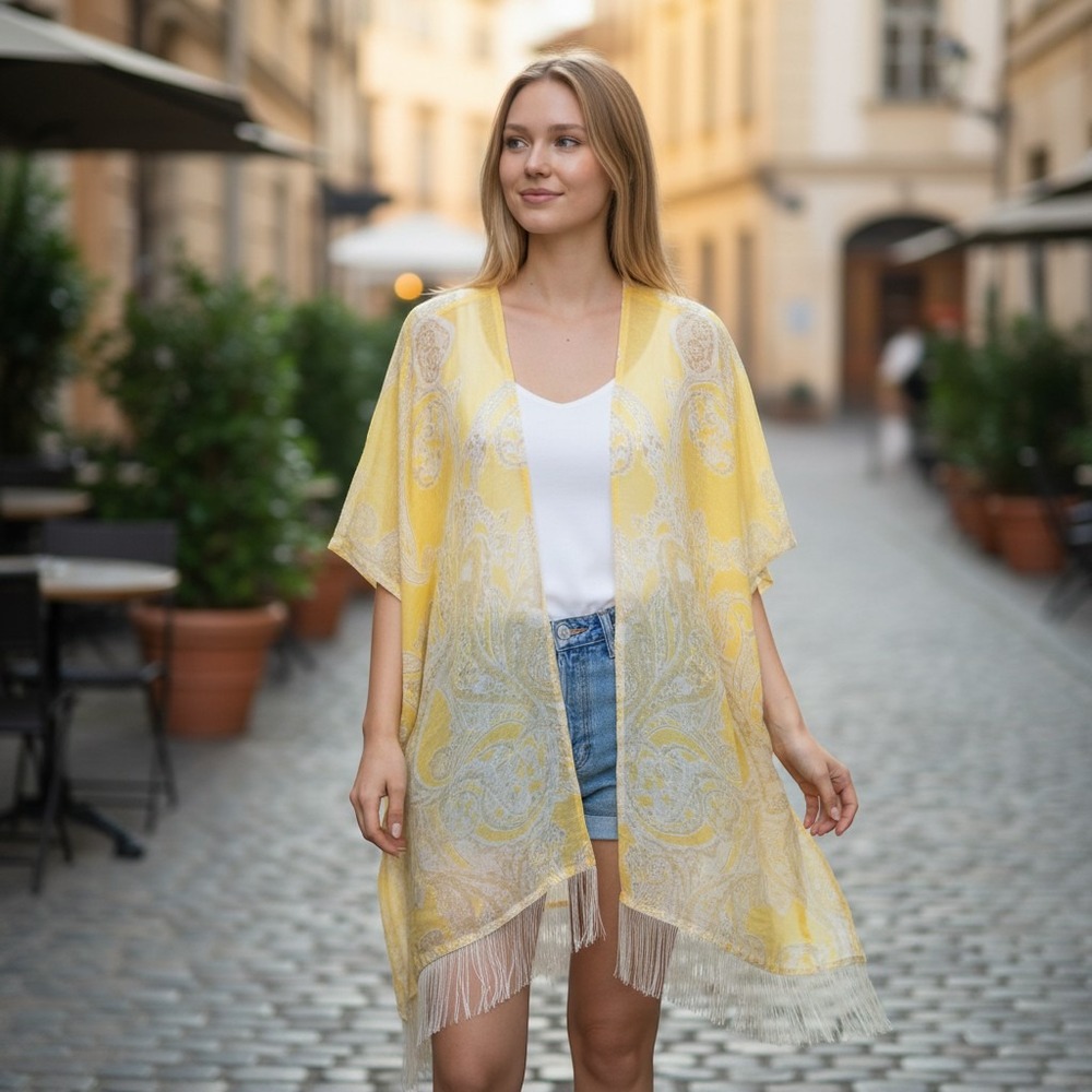 Chicos Yellow Paisley Fringe Kimono
 Wrap 100% Linen L/XL Transitional Boxy
